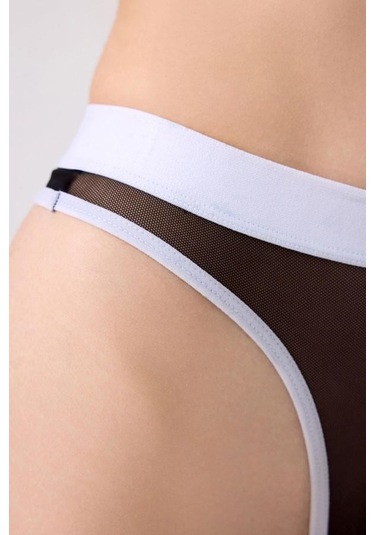 Siyah Beyaz Lastik Detaylı Transparan Tüllü Ayarlanabilir Askılı Kadın Sütyen Takımı Siyah - Beyaz