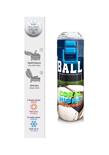 Coral High Kids Lacivert Futbol Desenli Pipetli Ve Direkt İçim Çelik Termos 500 Ml 31995 Siyah