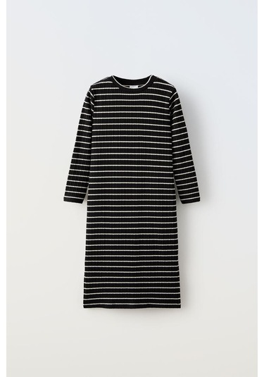 Çizgili Kız Çocuk Uzun Elbise Siyah