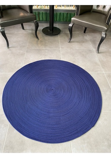 Siyah Jüt Yuvarlak Hasır Görünümlü Klasik Halı Kilim Lacivert