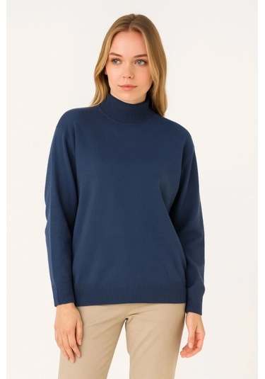 Yarım Boğaz Triko Kazak Yumuşak Dokulu Pamuklu Ince Dokuma, Uzun Kollu Rahat Regular Kalıp - İndigo Indigo