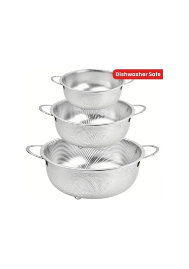 Paslanmaz Çelik Kulplu Çok Amaçlı Makarna Un Meyve Sebze 3'lü Süzgeç 25 22 19 Cm Çok Renkli