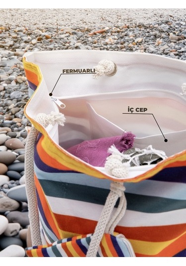 Cüzdan Hediyeli Kadın Plaj Çantası - Renkli Çok Renkli