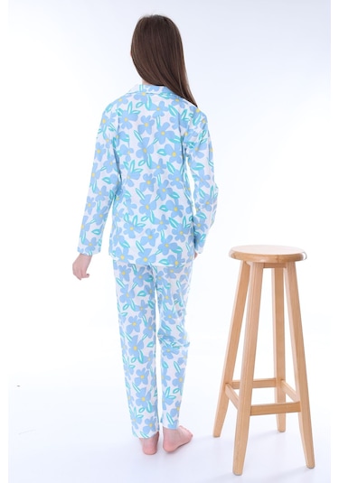 Zuzunga Mavi Papatya Desenli Düğmeli %100 Pamuk Kız Çocuk Pijama Takımı Mavi