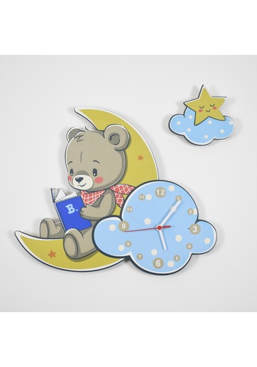 Sevimli Ay Ve Ayıcık Çocuk Odası Ahşap Duvar Saati Ahşap