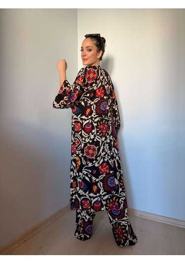 Ali Butik Siyah Etnik Desenli Kimono Pantolon Takım Siyah
