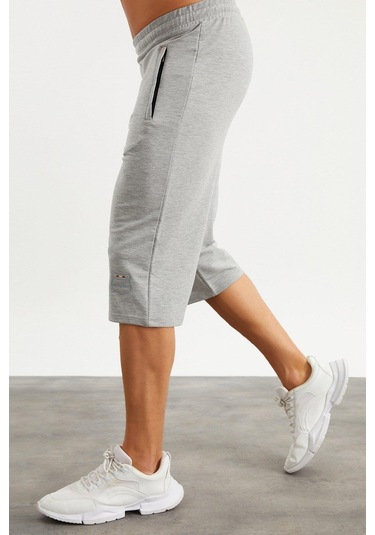 201762 Cep Nakış Detaylı Erkek Kapri-Gri Melanj