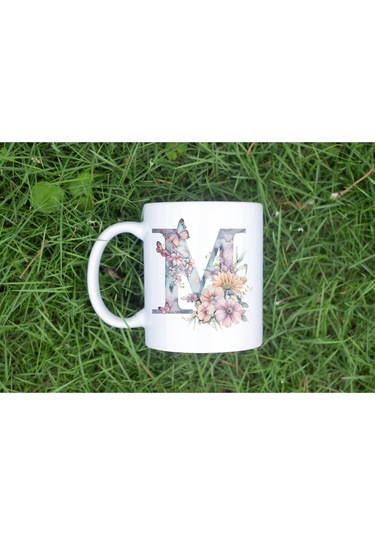 M Harfi Çiçekli Kupa Bardak - Soft Renk Çiçek Ve Kelebek Desenli Zarif Kahve Kupası - Bohem Beyaz