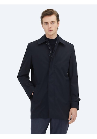 Kip Lacivert Regular Fit Bebe Yaka Casual Dokuma Pardesü
