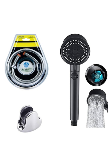 Koçsu 2 Metre Spiral Duş Hortumu Pervaneli Başlık Mafsal Duş Seti Siyah - Krom