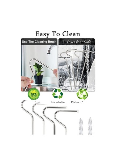 Xindoker 4 Adet Gümüş Renkçelik Paslanmaz Çelik Pipet + 2 Temizleme Fırçası, Yeniden Kullanılabilir, Kuru Çizik Önleyici, Uzun Flüt Desenli, Çevre Dost