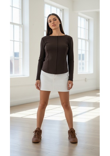 Divinus Kadın Slim Fit Pamuklu Uzun Kollu Bodysuit Kahverengi