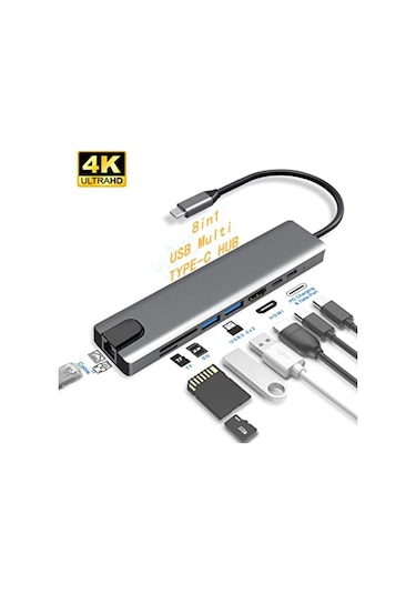8 İn1 4K Type-C USB 3.0 Hub HDMI RJ45 SDTF Adaptörü