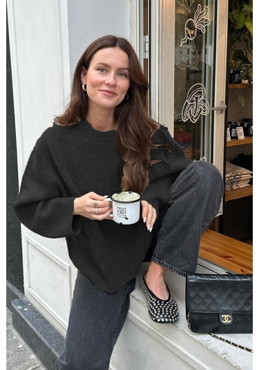 Madmext Madmext Bisiklet Yaka Oversize Triko Kazak MG1972 Siyah