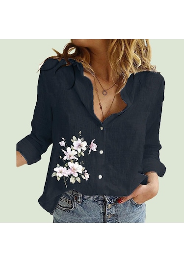 Siyah Kadın Moda Yaka Boyun Gömlek İlkbahar Ve Sonbahar Pamuk Keten Üst Rahat Baskı Hırka Bluzlar 5xl Siyah