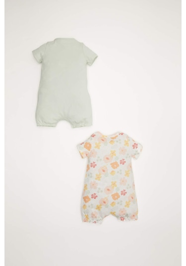 DeFacto Kız Bebek Yenidoğan Desenli Penye 2'li Kısa Kollu Tulum D8298A5NSER105 Ekru