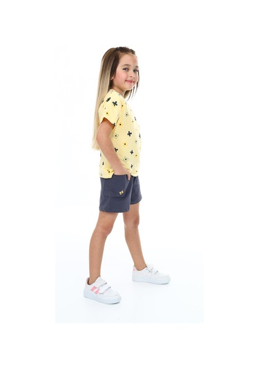 Toontoy Kız Çocuk Garni Komple Çiçek Baskılı Şortlu Takım Sarı
