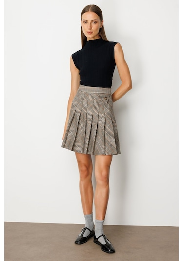 Ekol Kadın Ekoseli Mini Etek 5079 Vizon Vizon