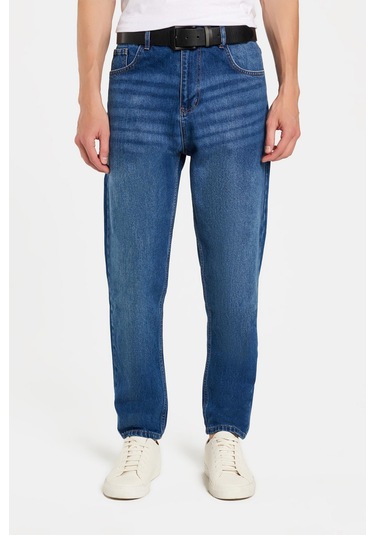 Erkek Relax Fit Geniş Kesim Boru Paça Denim Yıkamalı Taşlamalı Esnek Mavi Jean Kot Pantolon-34490 Mavi