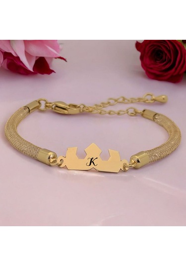 Archin K Harfine Özel Taç Motifli 14 Ayar Altın Plakalı Hasır Kordonlu Hediye Bileklik-461harf K