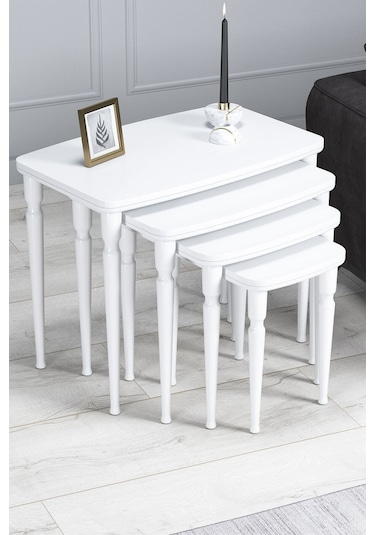 Imaj Mdf Ve Lake Boya, Beyaz 4lü Zigon Sehpa Takımı, Beyaz Gürgen Ayaklar Sehpalar Beyaz Ayaklar Beyaz