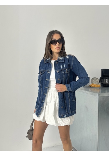 Blue Marlin Kadın Lacivert Lazer Yirtik Detayli Boyfriend Kot Ceket Lacivert