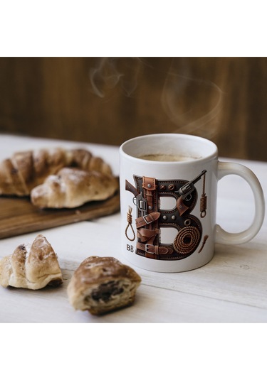 B Harfi Kovboy Temalı Bardak 330 Ml İsim / Harf Kişiye Özel Hediye - Vahşi Batı Konsept Beyaz