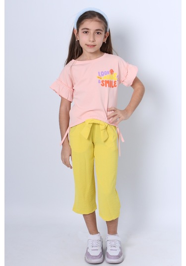 Kız Çocuk İkili Takım Sırt Baskılı Püsküllü Kolları Fıfırlı F20 Pembe