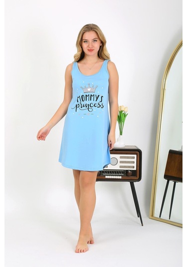 Akbeniz Kadın Kalın Askılı Penye Gecelik Mavi 1777 Mavi