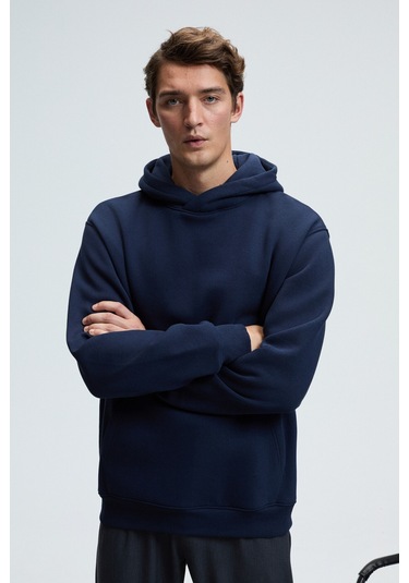 AMOS Erkek Yumuşak Kumaşlı 3 İplik Oversize Kapüşonlu Kanguru Cepli Lacivert Sweatshirt