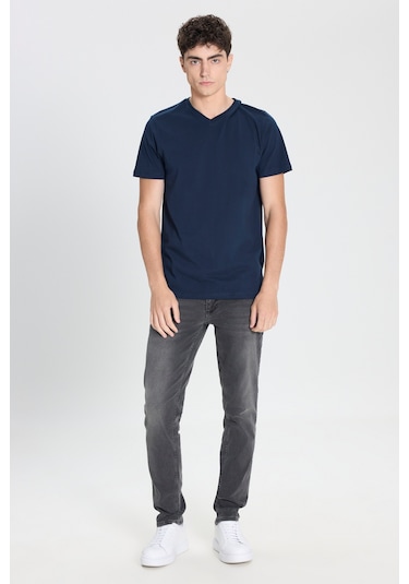 Ac&Co / Altınyıldız Classics Slim Fit Dar Kesim V Yaka Pamuklu Erkek Tişört Lacivert