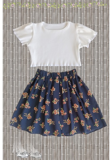 Çocuk Etekli Crop Takım, Çiçekli Lacivert Etek - Ekru Crop Ekru-lacivert Ekru - Lacivert