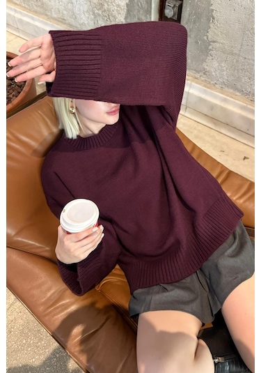 Mürdüm Bisiklet Yaka Oversize Triko Kazak Mg1972 Mürdüm