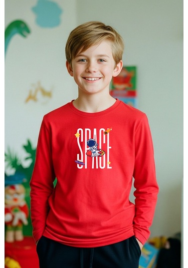 Sıfır Yaka Space Baskılı Erkek Çocuk Sweatshirt Kırmızı