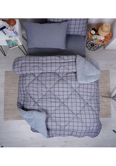 Tek Kişilik Lüx Çift Taraflı Pufidik Desenli Wellsoft Yorgan 155x215 + 1 Adet Yastık Kılıfı Antrasit - Gri