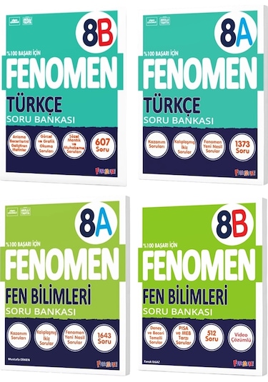 Fenomen Okul 2025 8. Sınıf Türkçe + Fen Bilimleri A + B Serisi Soru Bankası Seti 4 Kitap