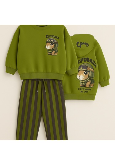 Kız Çocuk Capybara Desen Yeşil Renk Sweatshirt Çizgili Jogger Alt Üst Takım Yeşil