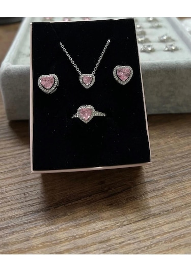 Byantep Pembe Kalpli Kolye +küpe+ Yüzük Set Gri