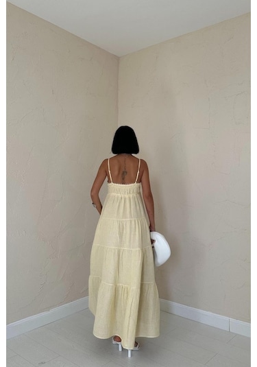 S-pazarım Sarı Askılı Parçalı Çizgili Müslin Elbise Sarı