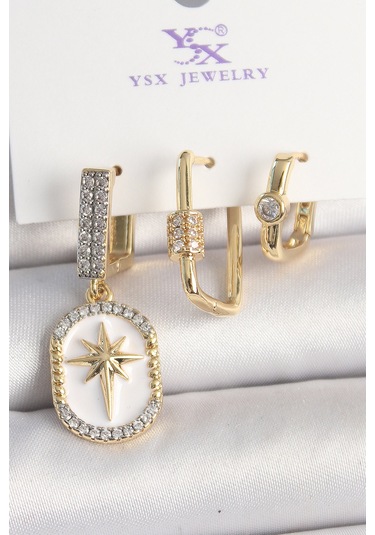 Pirinç Gold Renk Sallantı Zirkon Taş İşlmeli Yıldız Portre Model 3'lü Kadın Kombin Küpe Çok Renkli