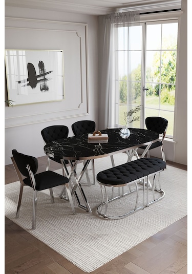 Mutfak Masası Takımı 6 Kişilik Masa Takımı Elma Avangarde Yemek Masa Takımı Benchli Gümüş