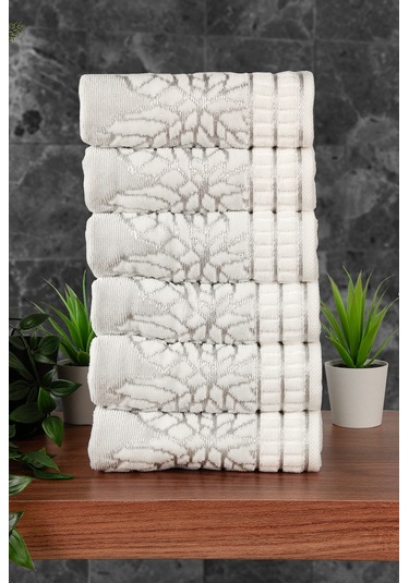 Çınar Jakarlı 6 Lı Kadife Pamuklu El Ve Yüz Havlu Seti 30x50 Cm - 00434 - Gümüş Gümüş