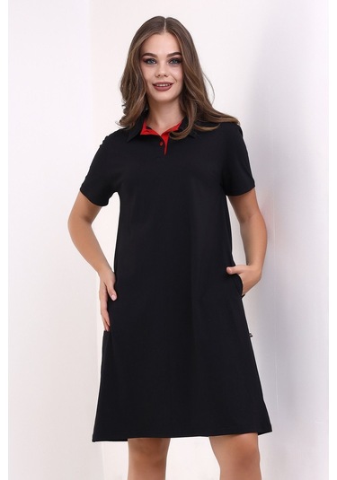Kadın Yakalı İki Cepli Krep Elbise Siyah Sckwm23el02 Siyah
