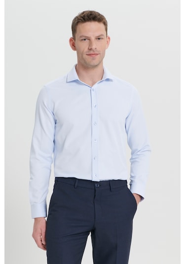 AC&Co / Altınyıldız Classics Erkek Mavi Kolay Ütülenebilir Slim Fit Dar Kesim İtalyan Yaka Armürlü Gömlek Mavi