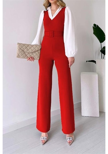 Kadın Kemerli Kol Ve Yaka Detaylı Tulum Dpnbk2063 Kırmızı