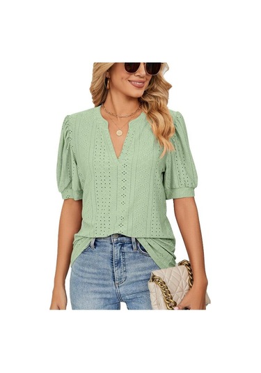 Yaz Katı Dantel Kadın Gömlek Zarif Içi Boş Puf Kısa Kollu Kazak Bluz Kadın Rahat V Yaka Gevşek Kadın Üstleri Blusas 24698 Açık Yeşil
