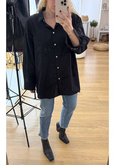 Modaonna Siyah Oversize Poplin Gömlek Siyah