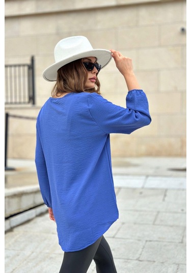 Kadın İndigo Uzun Truvakar Kol, Öpücük Yaka, Basic Kesim Bluz - Tesettüre Uygun Indigo