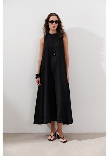 Keten Büzgülü Geniş Elbise Siyah Siyah