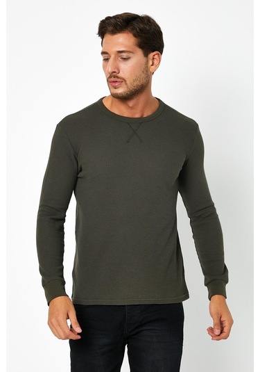 Erkrk Waffle Özel Dokulu Kumaş Standart Fit Uzun Kollu Basic T-shirt Haki